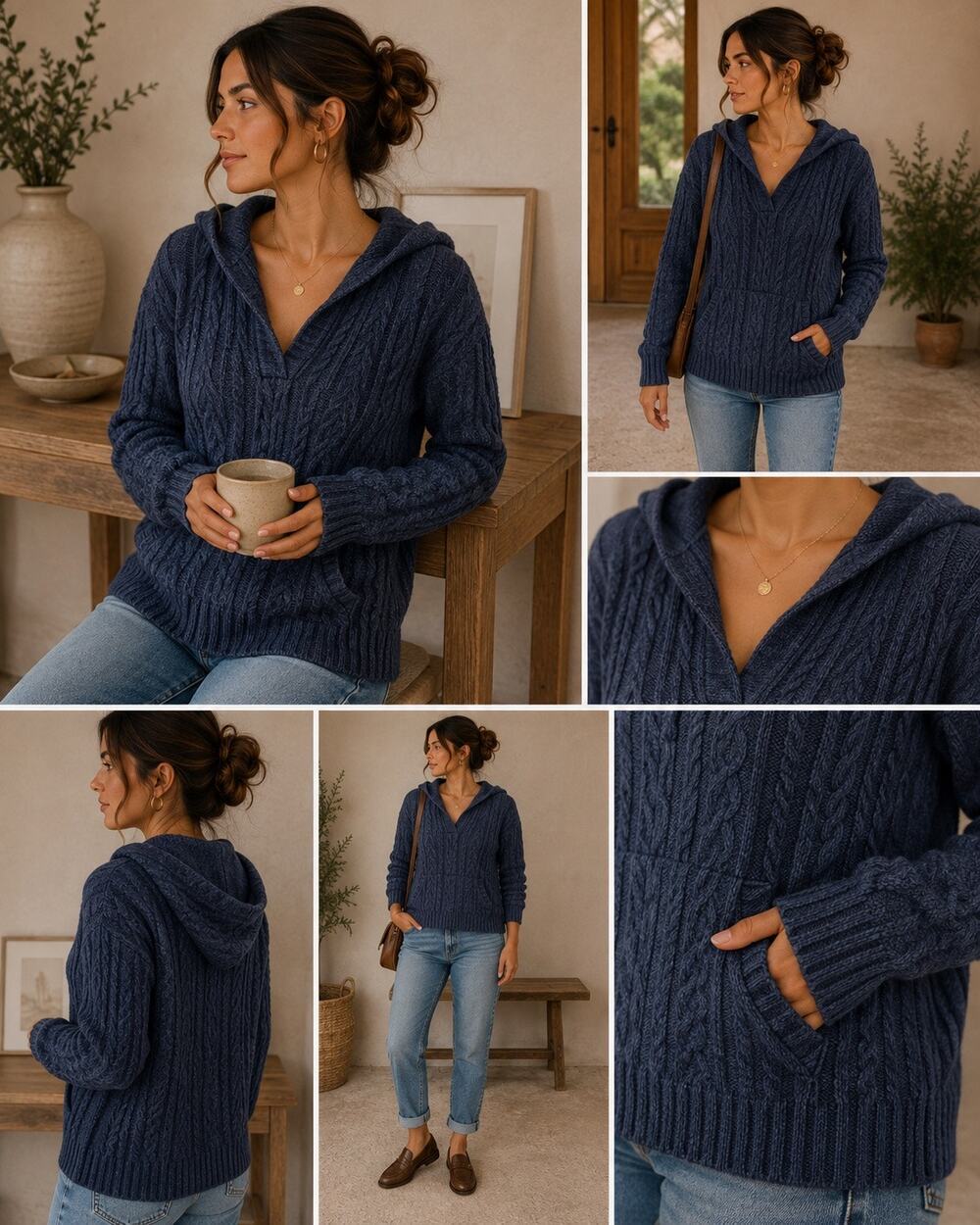 Original Aran Co Irish Wool Vintage Fisherman Sweater M Navy Cable Knit Hooded